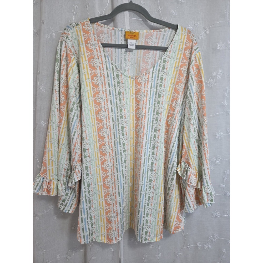 Ruby Rd Colorful Ruffle Sleeve Blouse Shirt 2X Flowy Bohemian Classy